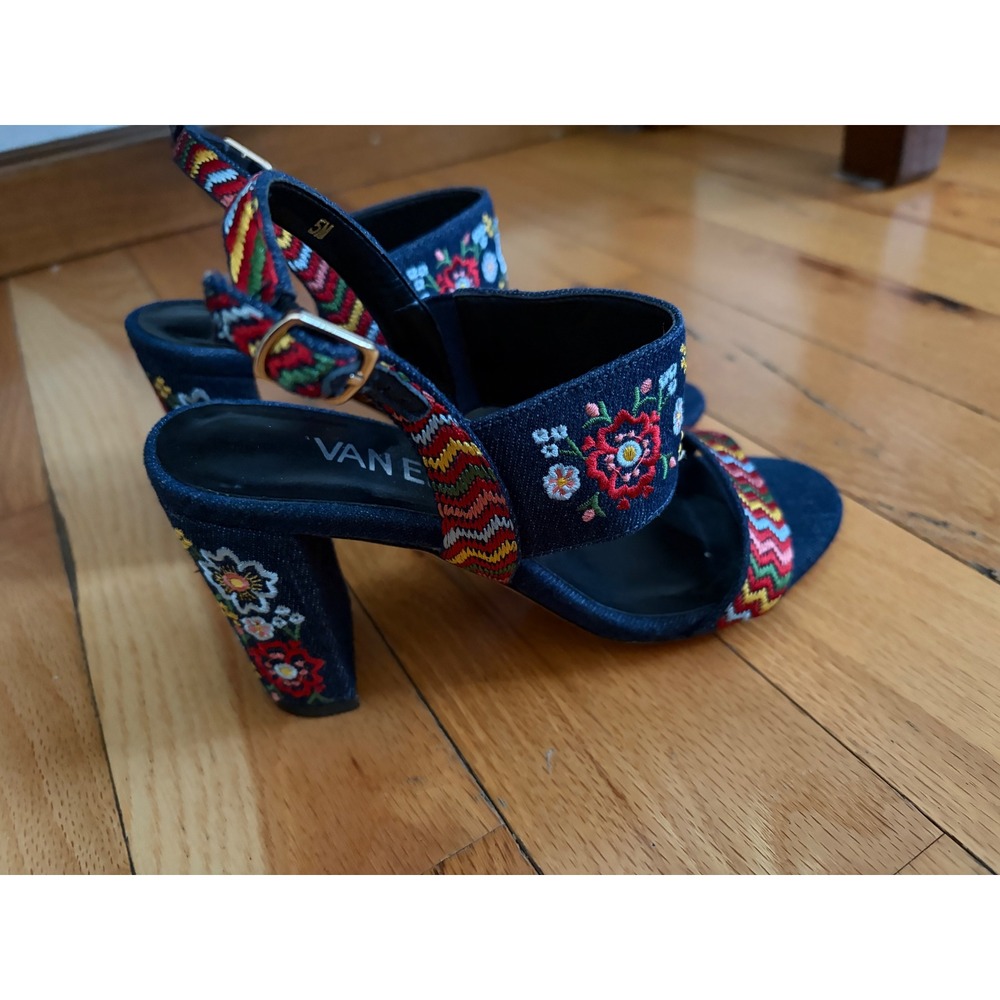 VANELi Denim Embroidered Floral Heels Size 5 Boho Festival